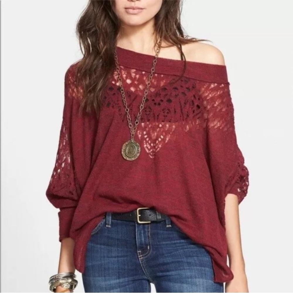 Free People Pointelle Ballet Neck Pullover Garnet - Picture 7 of 7